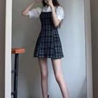 Set: Short-sleeve Shirt + Spaghetti Strap Plaid Dress