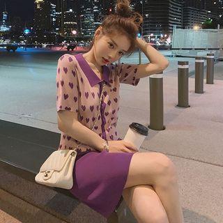 Set: Heart Print Short-sleeve Knit Top + Mini Straight-fit Skirt