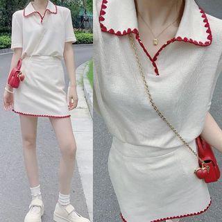 Set: Short-sleeve Contrast Trim Polo Top + Mini Skirt