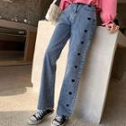 Heart Pattern Embroidered Straight-cut Jeans