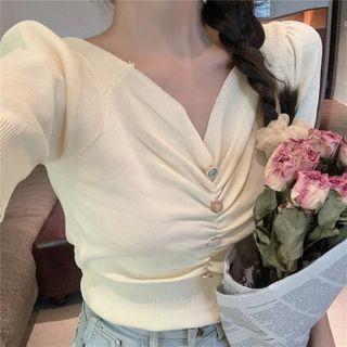V-neck Ruched Puff-sleeve Top