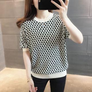 Short-sleeve Cross Print Knit Top
