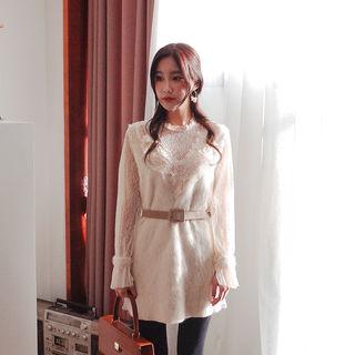 Faux-fur Trim Laced Minidress With Belt