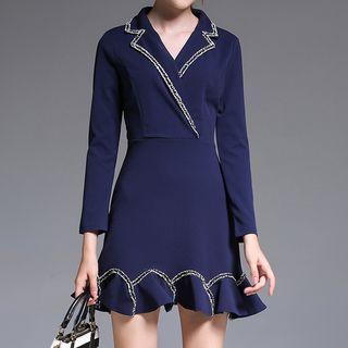 Contrast Trim Notch Lapel Long Sleeve Dress
