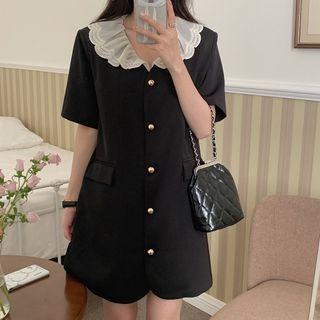 Elbow-sleeve Lace Collar Button Mini Dress