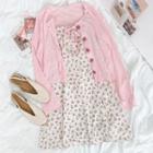 Long-sleeve Plain Bow Cardigan / Floral Printed Strappy Dress