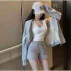 U-neck Crop Tank Top / High Waist Drawstring Shorts / Oversized Striped Zip-up Jacket