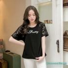Short-sleeve Lace-panel Letter-embroidered Top