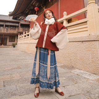 Frog-button Blouse / Short-sleeve Square-neck Jacket / Print Midi A-line Skirt