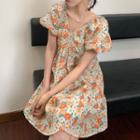 Short-sleeve Floral Print A-line Dress Orange Floral - White - One Size