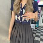 Short-sleeve Argyle Knit Cardigan As Shown In Figure - One Size