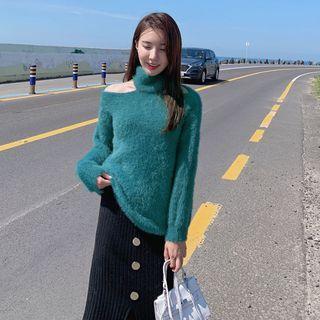 Mock-turtleneck Cold-shoulder Sweater / Straight-fit Midi Knit Skirt / Set