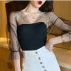 V-neck Puff-sleeve Mesh Panel Knit Top