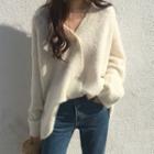 Plain V-neck Cardigan / Lace Open Front Jacket