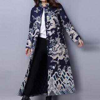 Long Dragon Print Frog-button Coat