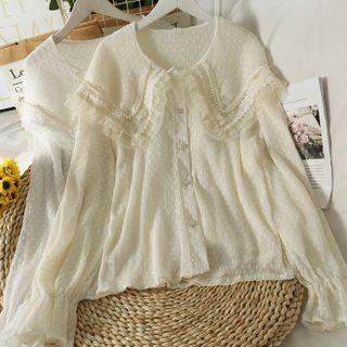 Mesh Ruffle-trim Pealr-accent Loose Shirt