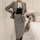 Set: Houndstooth Double-breasted Slim-fit Blazer + Midi Pencil Skirt