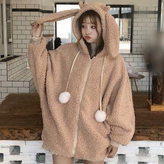 Rabbit Ear Faux Shearling Hooded Zip Jacket