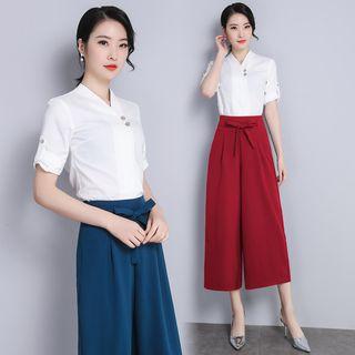 Elbow-sleeve Top / Cropped Wide-leg Pants / Set