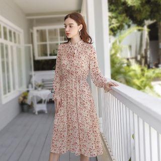 Long-sleeve Floral Chiffon Tie-neck Dress