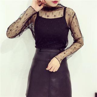 Long-sleeve Mock Neck Mesh Top