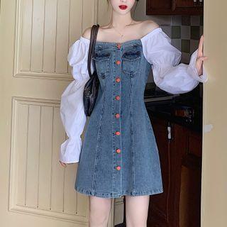 Off-shoulder Button-up A-line Denim Dress