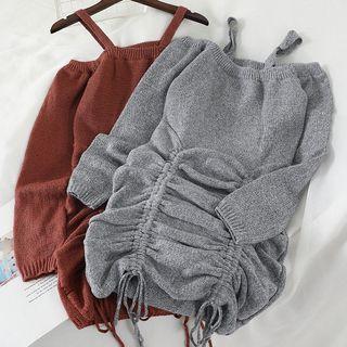 Off-shoulder Drawstring Long-sleeve Knit Dress