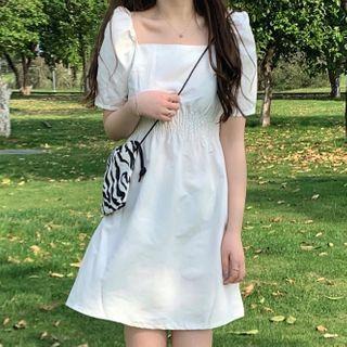 Short-sleeve Shirred A-line Dress White - One Size