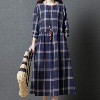 Long-sleeve Plaid Midi Linen A-line Dress