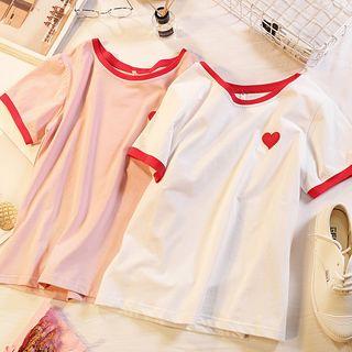 Short-sleeve Heart Applique Ringer T-shirt