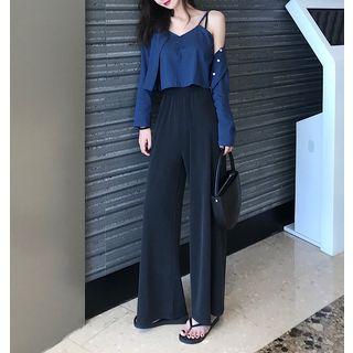 V-neck Camisole Top / Cropped Light Jacket / High Waist Wide-leg Pants / Set