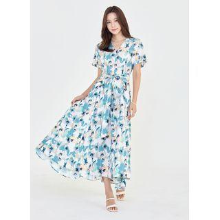 V-neck Floral Maxi Flare Dress Green - One Size