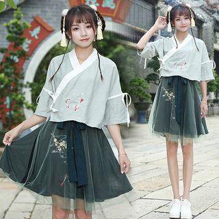 Chinese-style Elbow-sleeve Top / Embroidered Mesh A-line Skirt / Set: Chinese-style Elbow-sleeve Top + Embroidered Mesh A-line Skirt