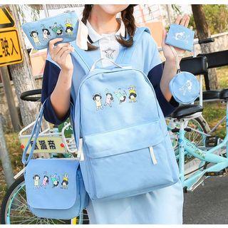 Set: Cartoon Print Backpack + Shoulder Bag + Zip Pouch + Coin Purse