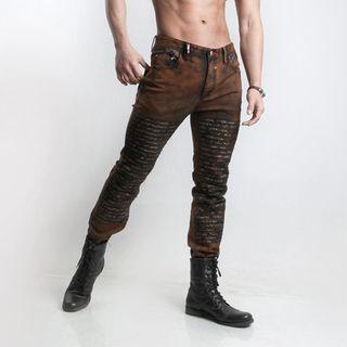 Contrast-trim Washed Straight-cut Pants