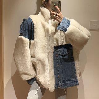 Color-block Faux Shearling Panel Denim Jacket