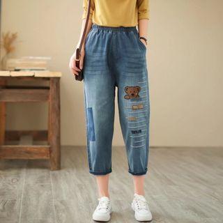 Bear Embroidered Crop Harem Jeans