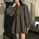 Long-sleeve Houndstooth Mini A-line Dress Houndstooth - Black & Gray - One Size