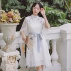 Elbow-sleeve Sashed Midi Qipao Dress