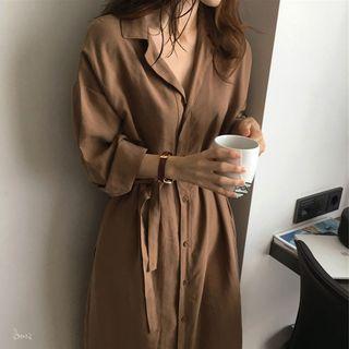 Long-sleeve Midi Shirt Dress With Sash