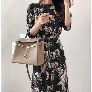 Band-waist Floral Long Dress Black - One Size