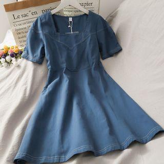 Square-neck Stitched Denim A-line Dress