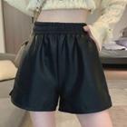 Elastic High-waist Plain Side Slit Pu Shorts