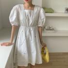 Puff-sleeve Floral Embroidered Ruffled Dress White - One Size