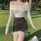 Off-shoulder T-shirt / Fluffy Trim Mini Pencil Skirt