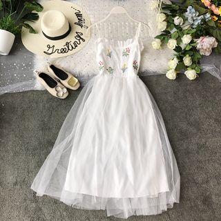 Spaghetti-strap Floral Embroidered Midi Mesh Dress