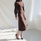 Turtle-neck Puff-sleeve Knit Dress With Sash