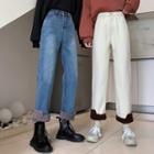 Faux Shearling Panel Cropped Straight-fit Jeans