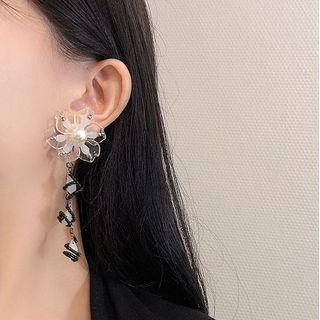 Flower Faux Crystal Dangle Earring 1 Pair - Silver Stud - White & Black - One Size