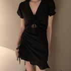 Short-sleeve Drawstring Cutout A-line Dress Black - One Size